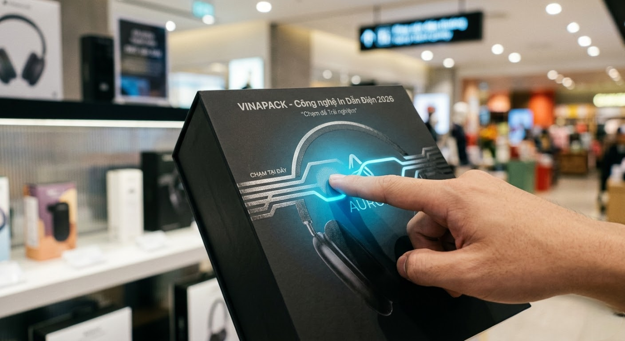 Minh họa công nghệ mực in dẫn điện trên bao bì thông minh 2026