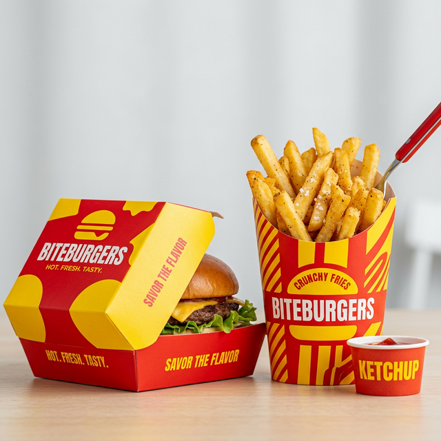 Hiệu ứng màu sắc nổi bật Đỏ - Vàng (Ketchup & Mustard) trong thiết kế bao bì thức ăn nhanh